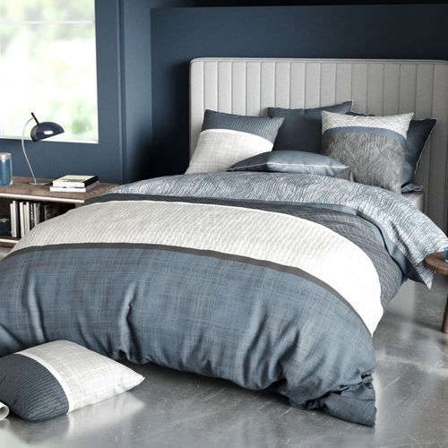 Housse De Couette 220x240 Cm Bréhat 100% Coton 57 Fils - Parure De Lit Lignes Grises Et Bleues Avec