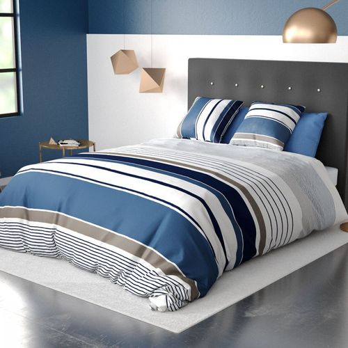 Housse De Couette Belize à Rayures Bleues, Taupes Et Blanches 220x240 Cm + 2 Taies Carrées - 100 %