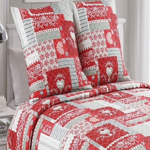 Couvre Lit Montagne Rouge Et Gris 230x250 Cm + 2 Taies 65x65 Cm