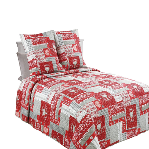 Couvre Lit Montagne Rouge Et Gris 230x250 Cm + 2 Taies 65x65 Cm