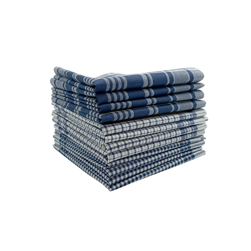 Lot De 12 Mouchoirs 40x40 Cm En Coton - 3 Motifs à Carreaux Bleu Et Blanc, Doux, Réutilisables Et