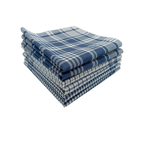 Lot De 6 Mouchoirs Quadrillés 40x40 Cm - 100 % Coton, Carreaux Mixtes Bleux Et Blancs, Doux Et
