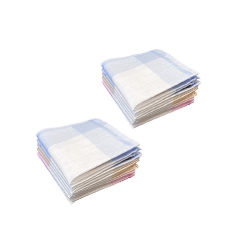 Lot De 12 Mouchoirs En Tissu Femme Bleu, Rose Et Beige 100% Coton 28x28 Cm