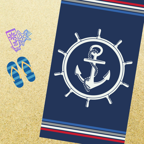 Serviette De Plage Ancre Blanche Sur Fond Bleu Marine 90x170 Cm - 100% Coton Jacquard, Douce,