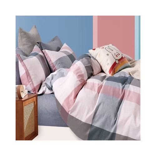 Housse De Couette Réversible Carreaux Bleu Et Rose Percale De Coton 220x240 Cm + 2 Taies Carrées