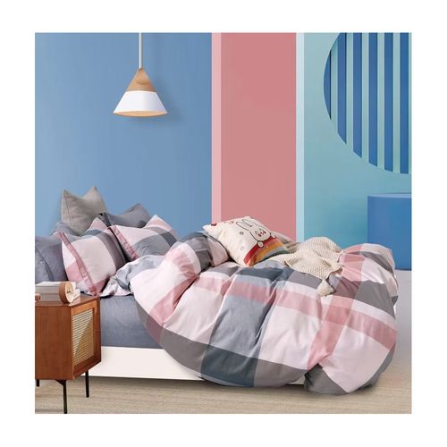 Housse De Couette Réversible Carreaux Bleu Et Rose Percale De Coton 220x240 Cm + 2 Taies Carrées