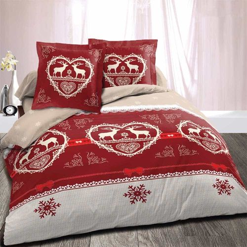 Housse De Couette Coton 220x240 Chalet Winter Rouge + 2 Taies - 100% Coton - 57 Fils/cm² - Grand
