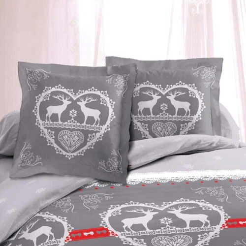 Housse De Couette 220x240 Cm Chalet Winter Gris + 2 Taies - 100% Coton – Parure De Lit Douce Et