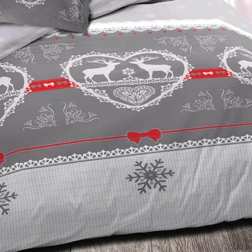 Housse De Couette 220x240 Cm Chalet Winter Gris + 2 Taies - 100% Coton – Parure De Lit Douce Et