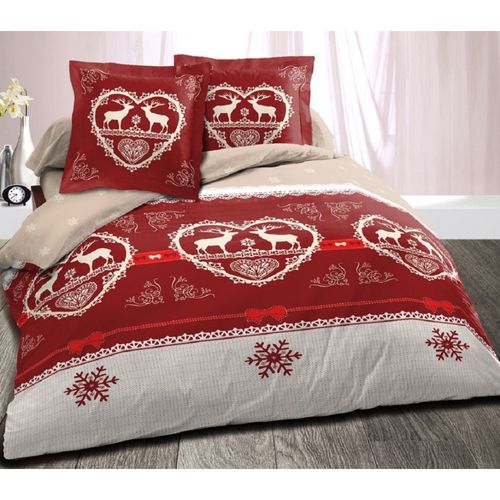 Housse De Couette Chalet Winter Rouge 260x240cm + 2 Taies 100 % Coton - Inspiration Montagnes