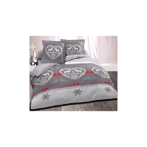 Housse De Couette Winter Gris 200x200 Cm + 2 Taies 65x65 Cm - 100 % Coton, Style Chalet Montagn,