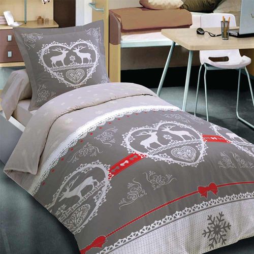Parure De Draps Chalet Winter Gris Lit 1 Place 90x190 (3p) Coton