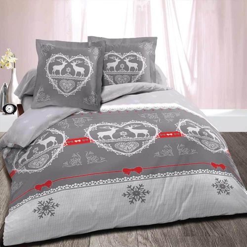 Parure De Draps Chalet Winter Gris 160x200 Cm - 100 % Coton 57 Fils, 4 Pièces Drap Plat, Drap Housse