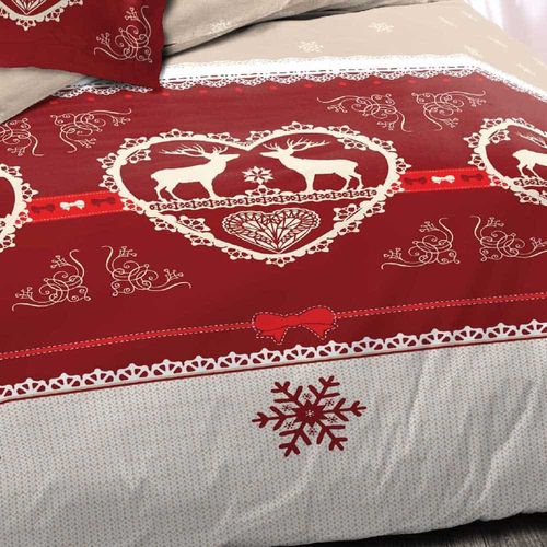 Parure De Draps 4 Pièces Winter Rouge 160x200 Cm - 100 % Coton 57 Fils, Drap Plat, Drap Housse Et 2