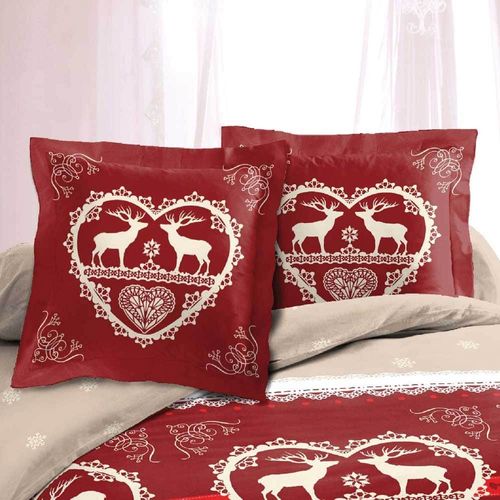 Parure De Draps 4 Pièces Winter Rouge 160x200 Cm - 100 % Coton 57 Fils, Drap Plat, Drap Housse Et 2