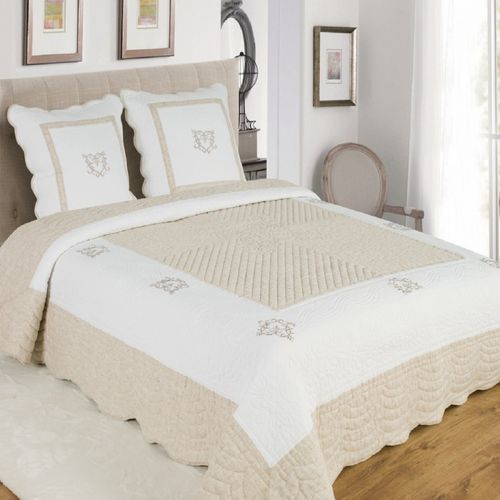 Boutis Peaceland – Grande Dimension 260x260 Cm- 100% Coton Coloris Lin. Couvre Lit Matelassé, Brodé,