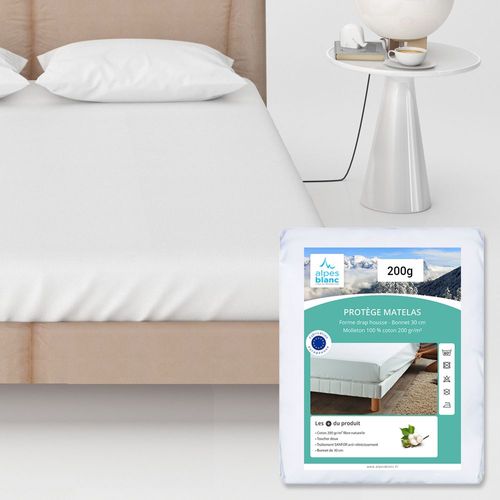 Protège Matelas Coton 200 G/m² 80x190 Cm - Molleton Doux Et Respirant, Bonnet 30 Cm, Traitement