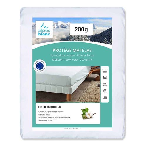 Protège Matelas Coton 200 G/m² 80x190 Cm - Molleton Doux Et Respirant, Bonnet 30 Cm, Traitement