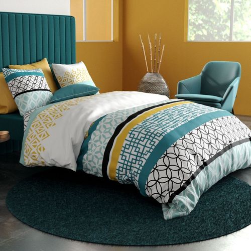 Housse De Couette 220x240 Cm Citedor + 2 Taies 100% Coton 57 Fils - Motifs Géométriques Turquoise,