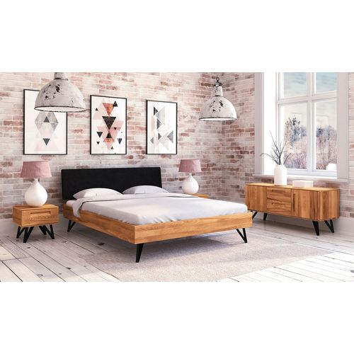 Lit En Hêtre Et Métal Avec Tête De Lit Tissu  Noir - Ventoux 1 180 X 200 Cm