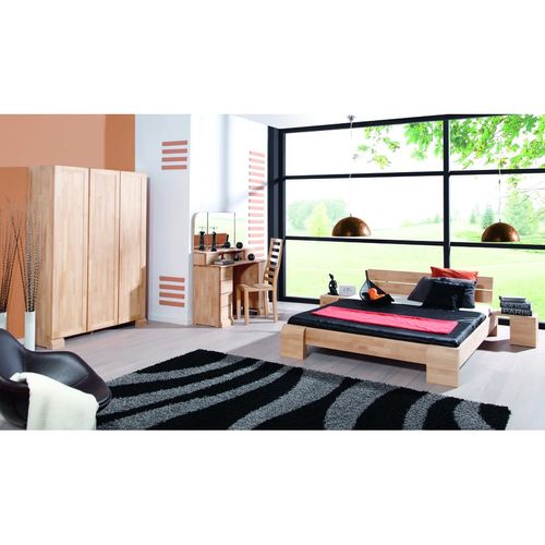 Lit En Bois Massif Haut Design Blanchi - Tokyo 140 X 190 Cm Avec 2 Chevets