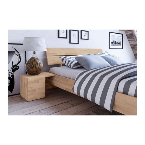 Lit En Bois Massif Haut Design Blanchi - Tokyo 140 X 190 Cm Avec 2 Chevets