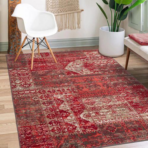 Tapis Chambre 80x150 Tissé Rouge Rectangle Motif Ethnique Lyn1 Patwork