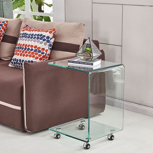 Bout De Canapé Carré H. 62 Cm En Verre Trempé Avec 4 Roulettes - Ice