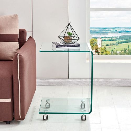 Bout De Canapé Carré H. 62 Cm En Verre Trempé Avec 4 Roulettes - Ice