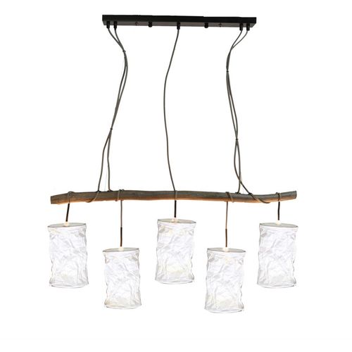 Lustre En Bois Avec 5 Abats-jour En Papiers Froissé Blanc - Wooden