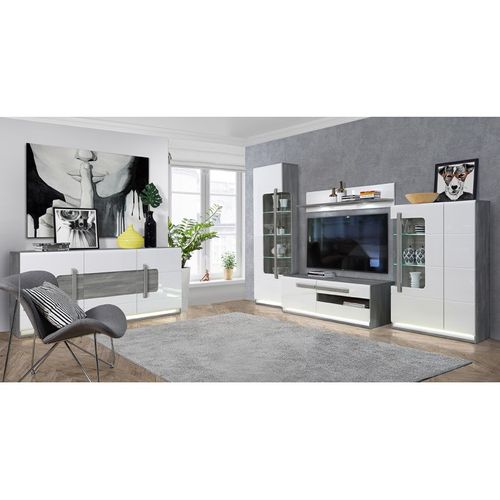 Meuble TV 140 Cm 1 Porte 2 Tiroirs Blanc Et Décor Bois Gris - Alexiane