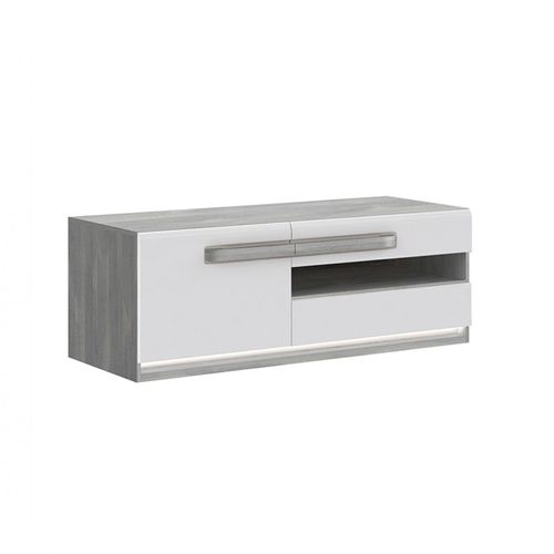 Meuble TV 140 Cm 1 Porte 2 Tiroirs Blanc Et Décor Bois Gris - Alexiane