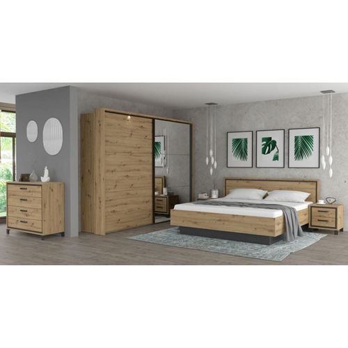 Lit 180 X 200 Cm Tête De Lit Décor Chêne Naturel Et Noir Mat - Alia