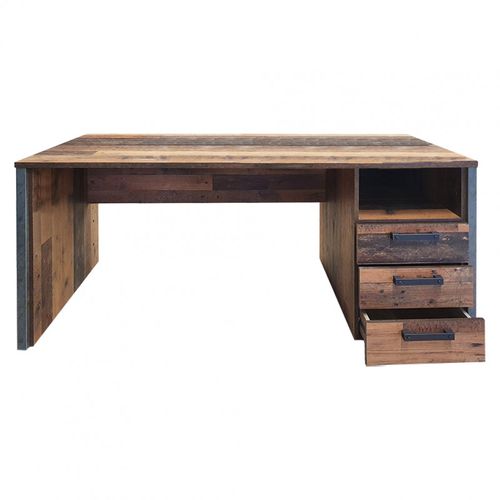 Bureau Droit 160 Cm 3 Tiroirs Décor Bois Vieilli Et Béton Gris - Buck