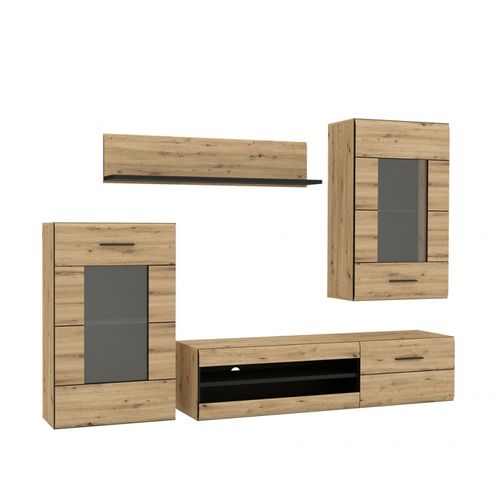 Ensemble Meuble TV Paroi Murale Décor Bois Clair Et Noir - Sonny