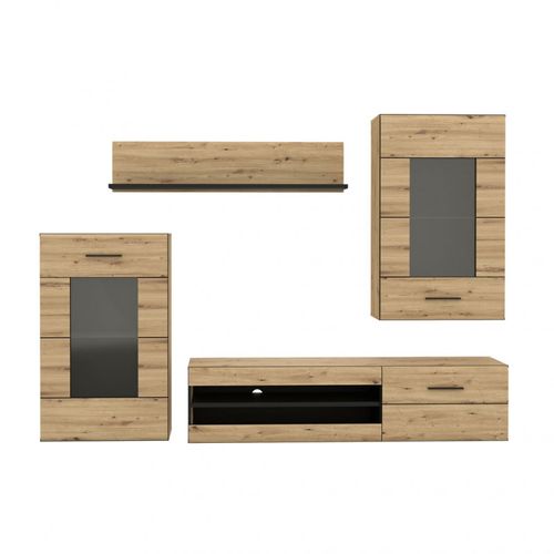 Ensemble Meuble TV Paroi Murale Décor Bois Clair Et Noir - Sonny
