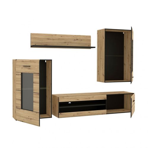 Ensemble Meuble TV Paroi Murale Décor Bois Clair Et Noir - Sonny