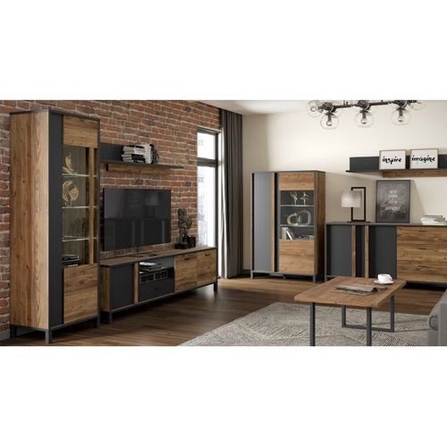 Meuble TV 155 Cm 2 Portes Décor Bois Et Noir Pieds Noir - Celia