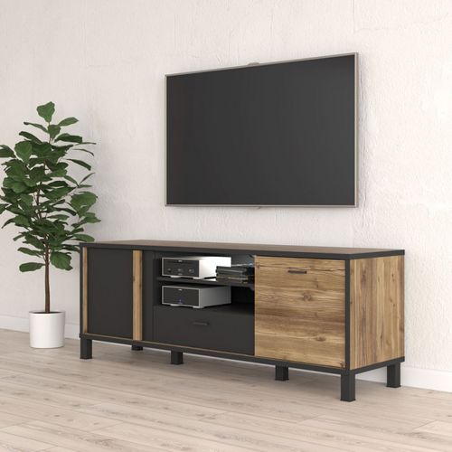 Meuble TV 155 Cm 2 Portes Décor Bois Et Noir Pieds Noir - Celia