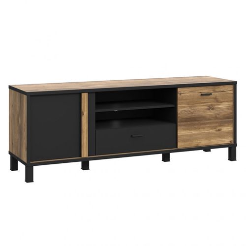 Meuble TV 155 Cm 2 Portes Décor Bois Et Noir Pieds Noir - Celia