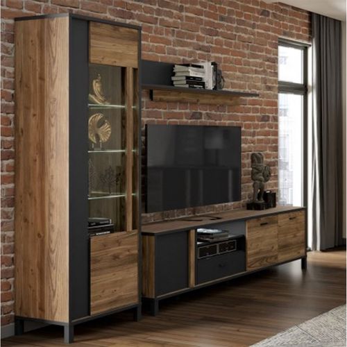 Meuble TV 155 Cm 2 Portes Décor Bois Et Noir Pieds Noir - Celia