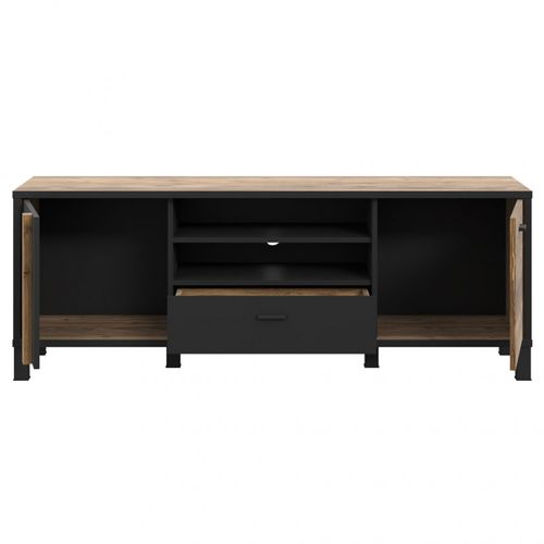 Meuble TV 155 Cm 2 Portes Décor Bois Et Noir Pieds Noir - Celia