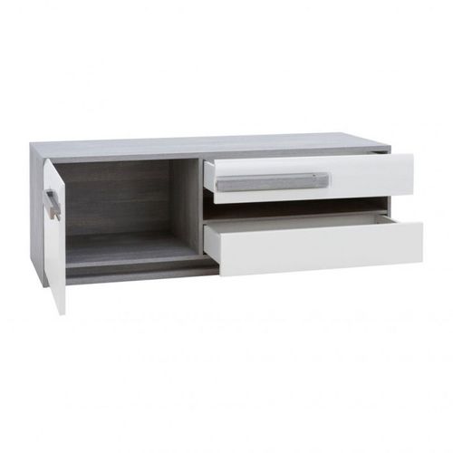 Meuble TV 160 Cm 1 Porte 2 Tiroirs Blanc Et Décor Bois Gris - Alexiane