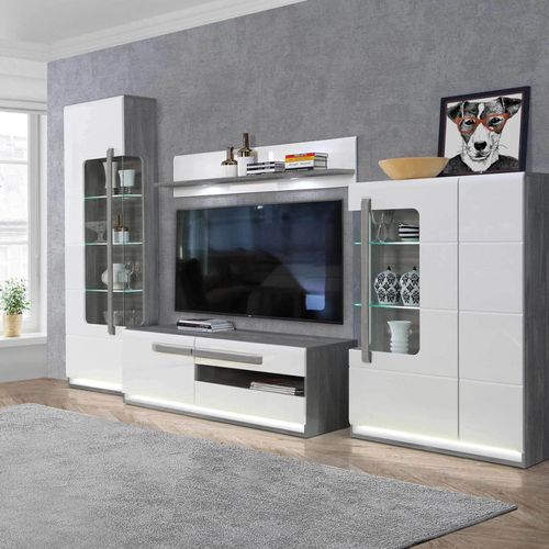 Meuble TV 160 Cm 1 Porte 2 Tiroirs Blanc Et Décor Bois Gris - Alexiane