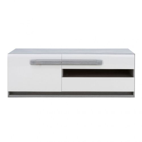 Meuble TV 160 Cm 1 Porte 2 Tiroirs Blanc Et Décor Bois Gris - Alexiane