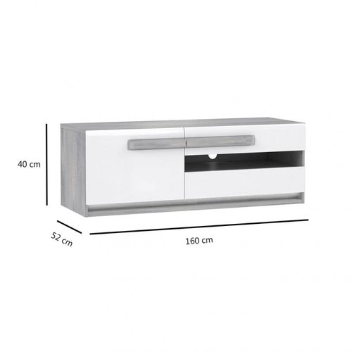 Meuble TV 160 Cm 1 Porte 2 Tiroirs Blanc Et Décor Bois Gris - Alexiane