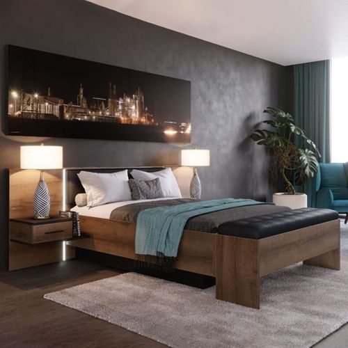 Lit Double 160 X 200 Décor Chêne Foncé Et Noir Avec LED - Riviera