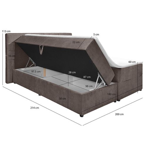 Lit Boxspring 180x200 Velours Taupe 2 Rangement Latéraux - Brandon