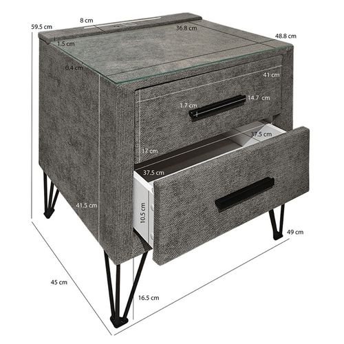 Table De Chevet Tissu Gris + LED Et 2 Prises USB Intégrées - Layla