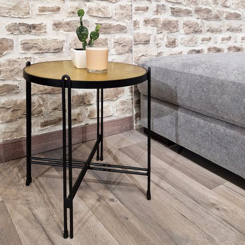 Table D'appoint En Métal Noir Avec Plateau Rond Et Doré - Oro 8806